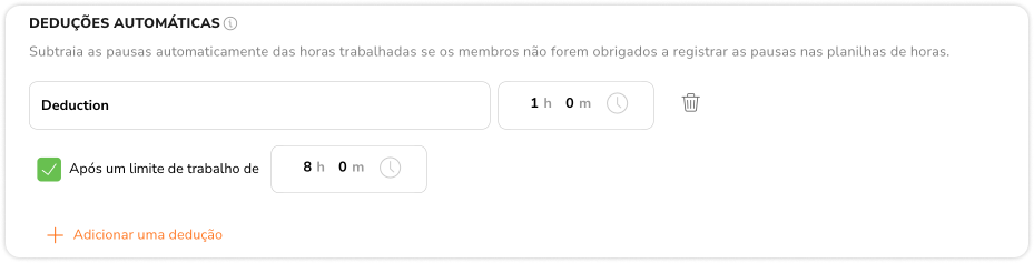 Configurando deduções automáticas nas configurações de horários de trabalho